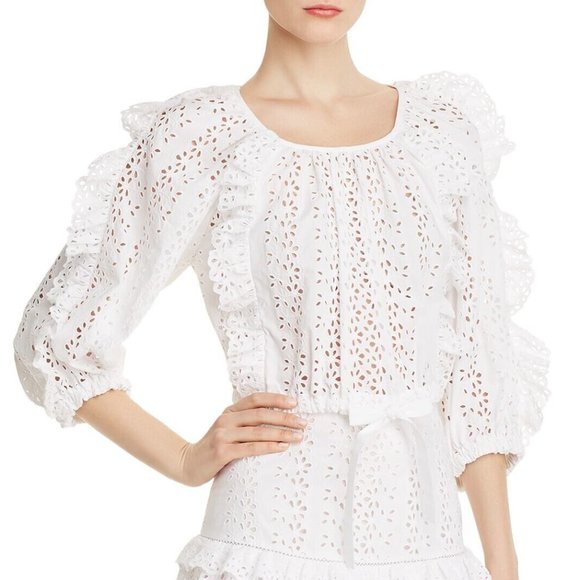 [Rebecca Taylor] Cropped Ruffle Eyelet Top in White Medium - Picture 1 of 10